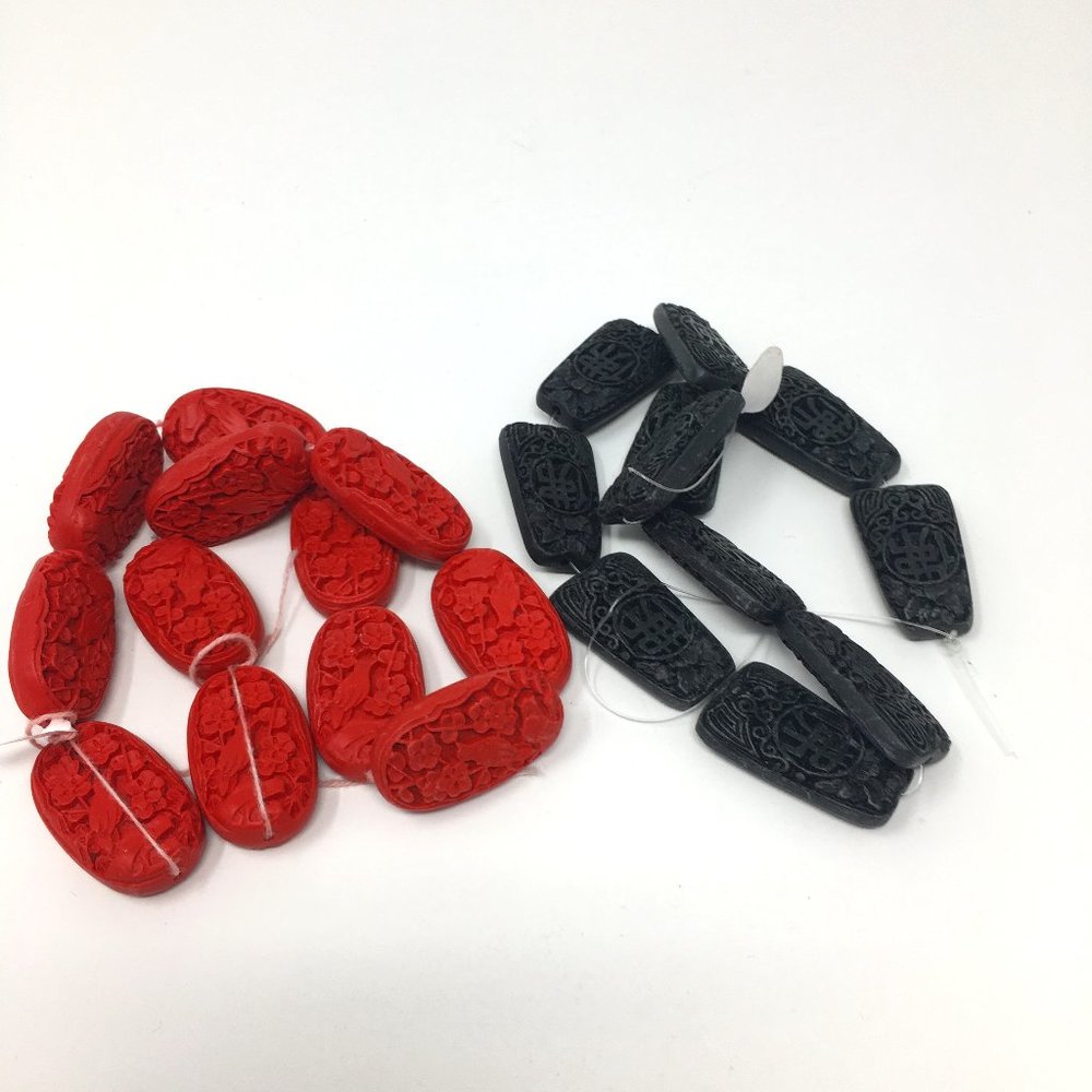 Two Strands Red Oval Bird Blossom and Black Chinese Carved Cinnabar Beads